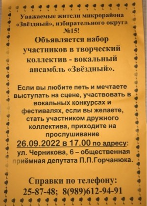 Ансамбль «Звёздный», избирательного округа №15, после продолжительного перерыва, возобновил свою работу 